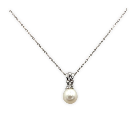 10K Gold Necklace with Small Pearl and Diamond Pendant   j7634